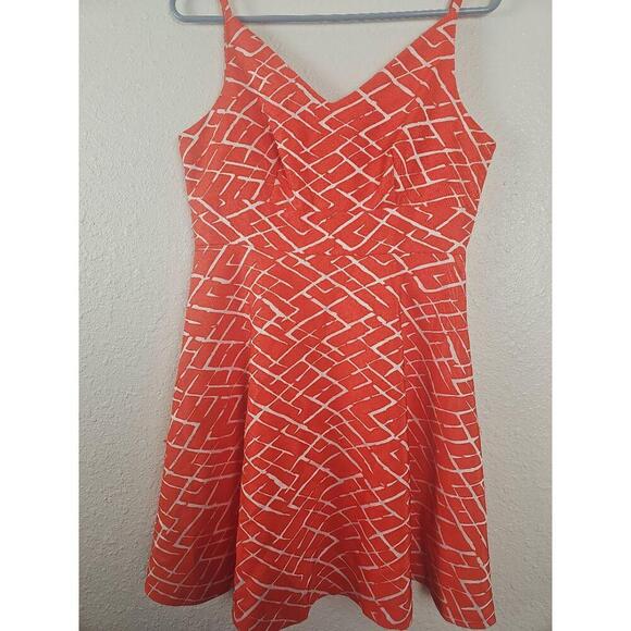 CeCe Womens Sleeveless Geometric Fit Flare Dress Coral Red Petite 6 - Picture 2 of 8